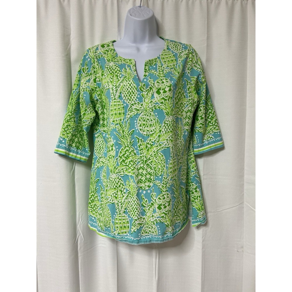 Barbara Erickson Womens Green Pineapple Print V-Neck 3/4 Sleeve Cotton Tunic L